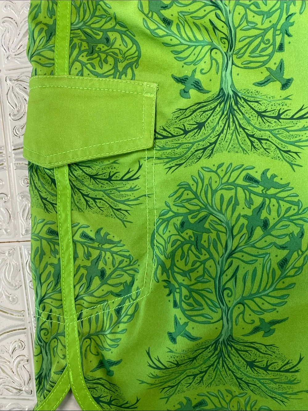 Lime Coral Board Shorts Mens 36 Green Tree Bird Print Swim Surf Beach Shorts